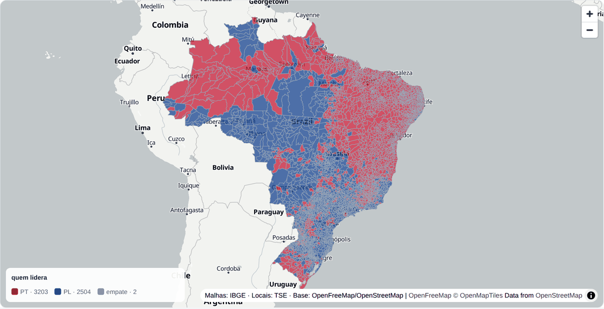 Mapa da apuração ao vivo, colorido pelo partido que lidera