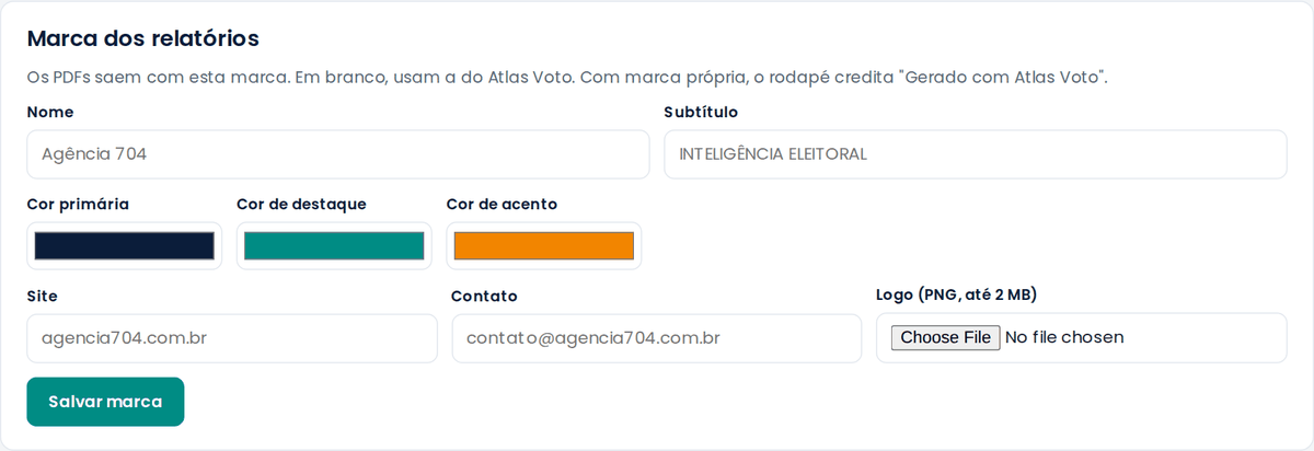 Tela de configuração da marca própria, com logo e cores da agência