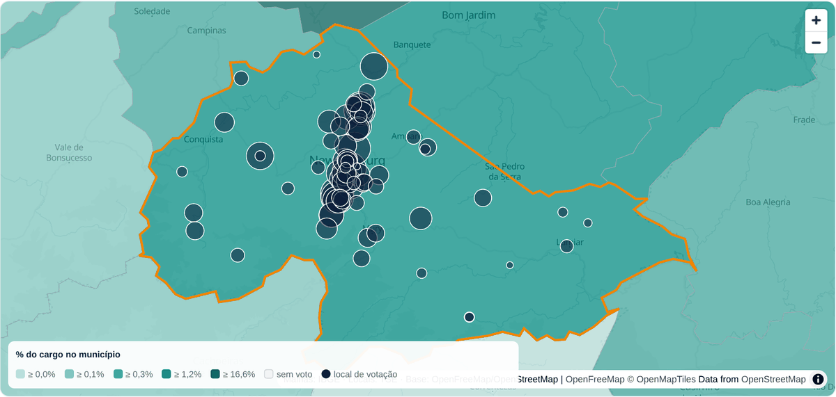 Mapa de desempenho por local de votação, com os pontos coloridos por intensidade de voto