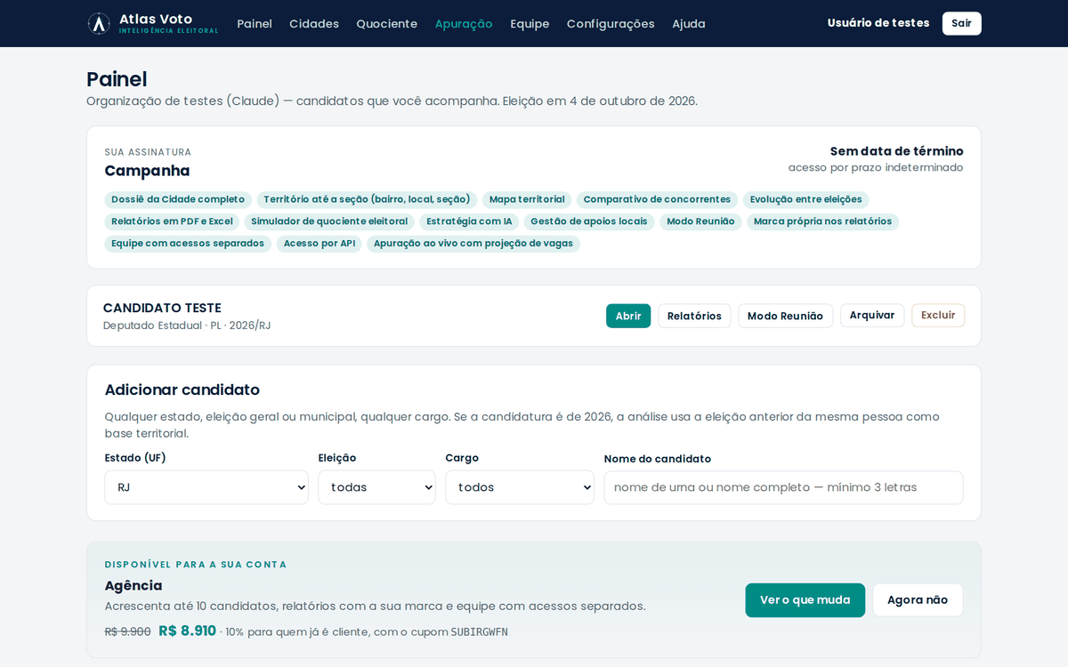 Painel da plataforma com o resumo do território acompanhado